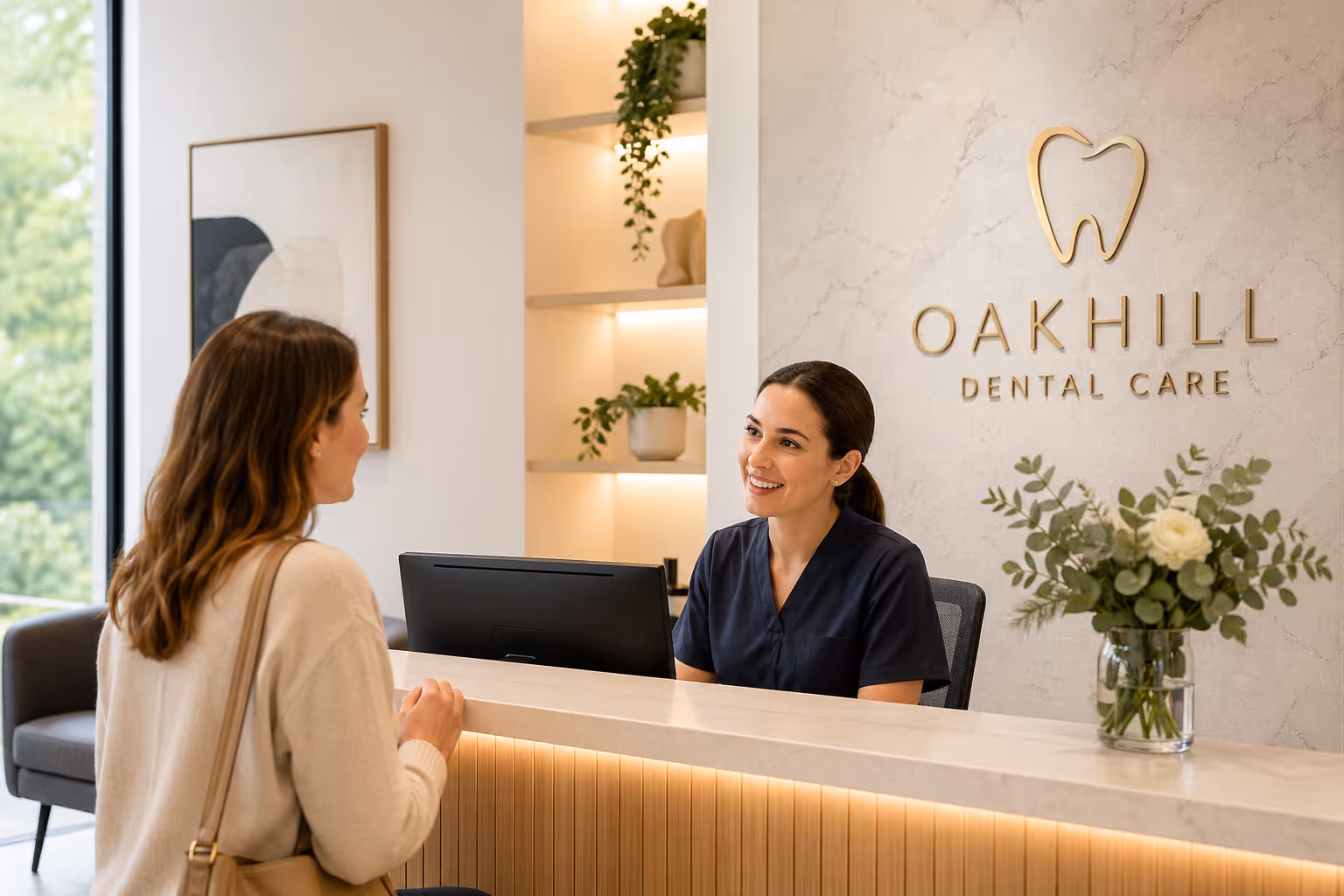 Patient being welcomed at a bright, modern dental practice reception desk