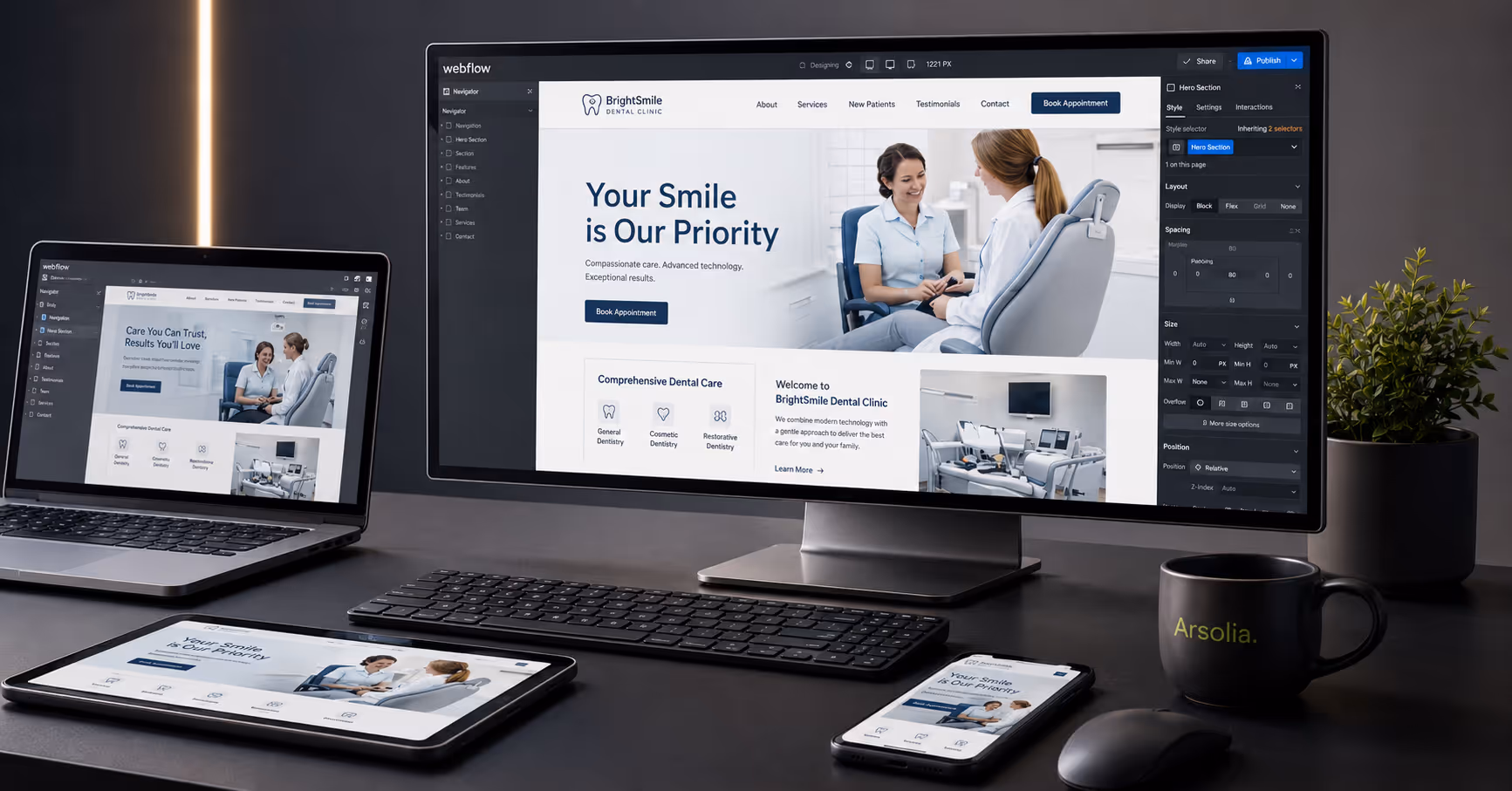 A dental practice website shown on desktop, laptop, tablet and phone