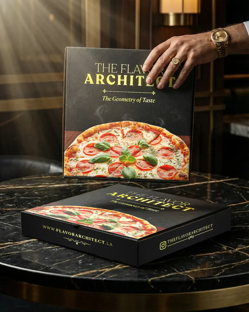 The Flavor Architect pizza box packaging mockup