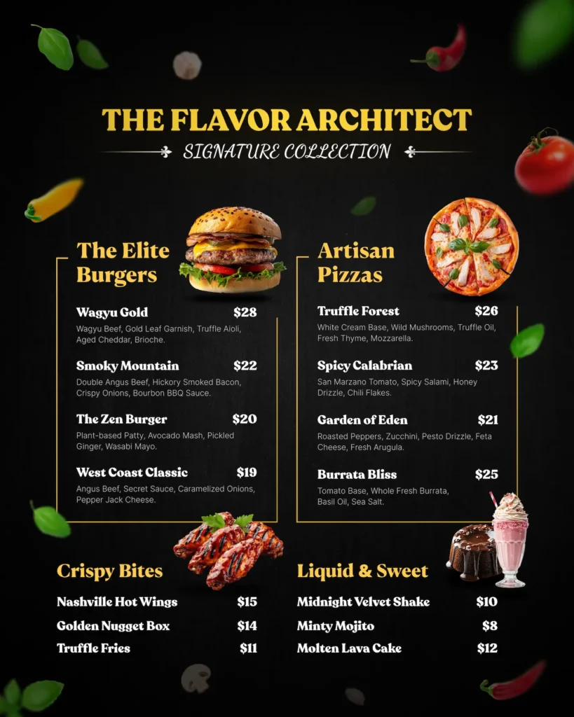 The Flavor Architect signature collection menu design