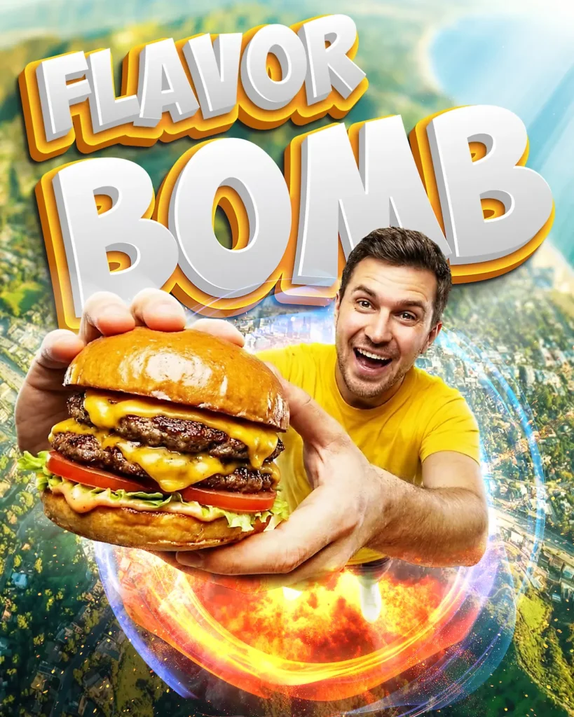 Flavor Bomb — burger ad with extreme perspective