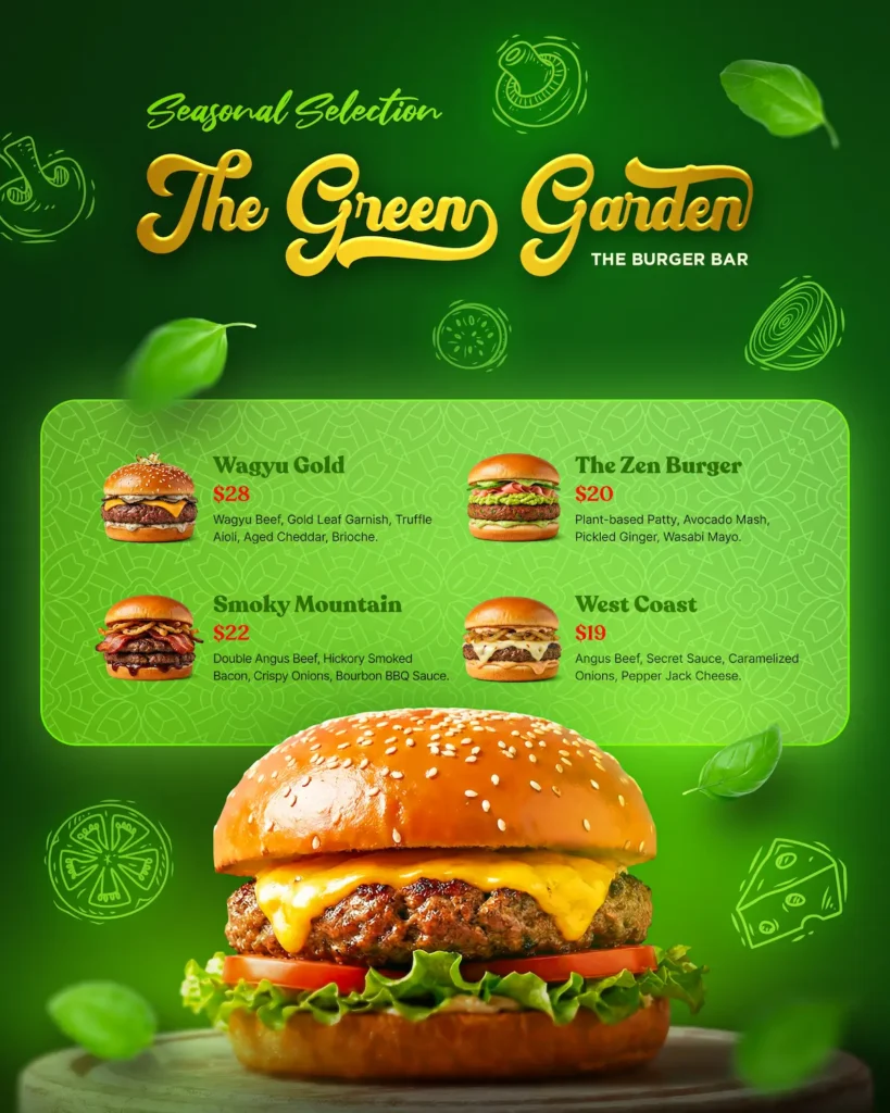 The Green Garden burger bar menu design