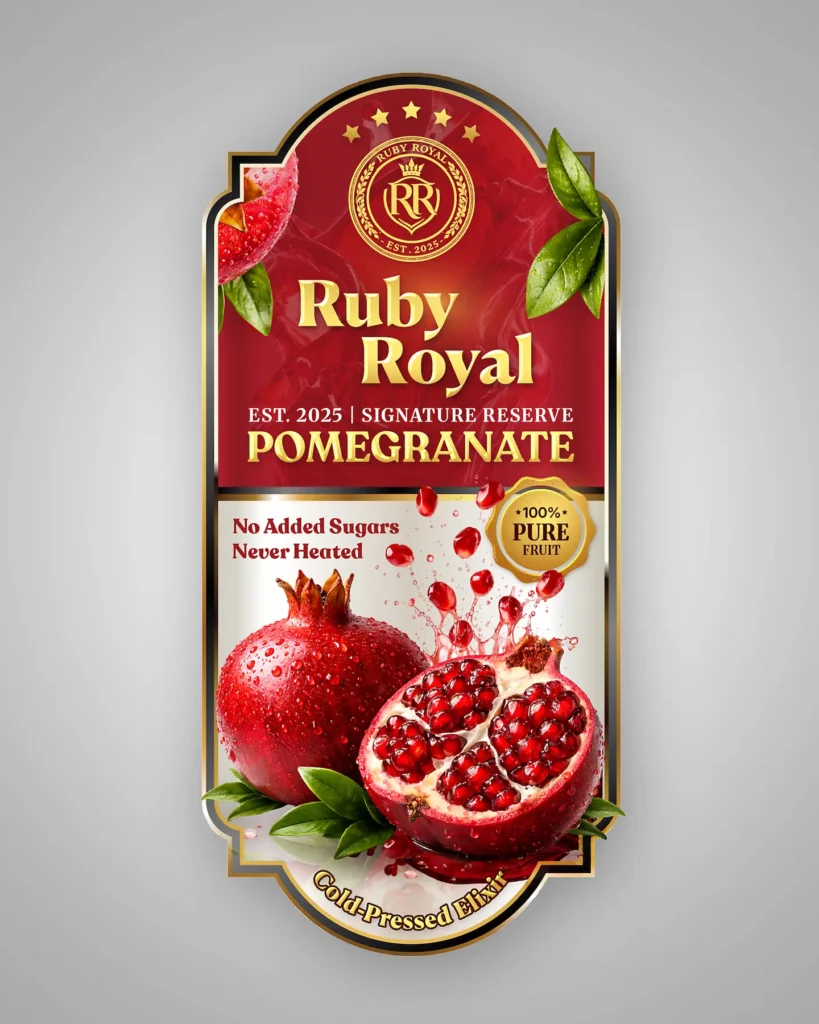 Ruby Royal pomegranate juice label design